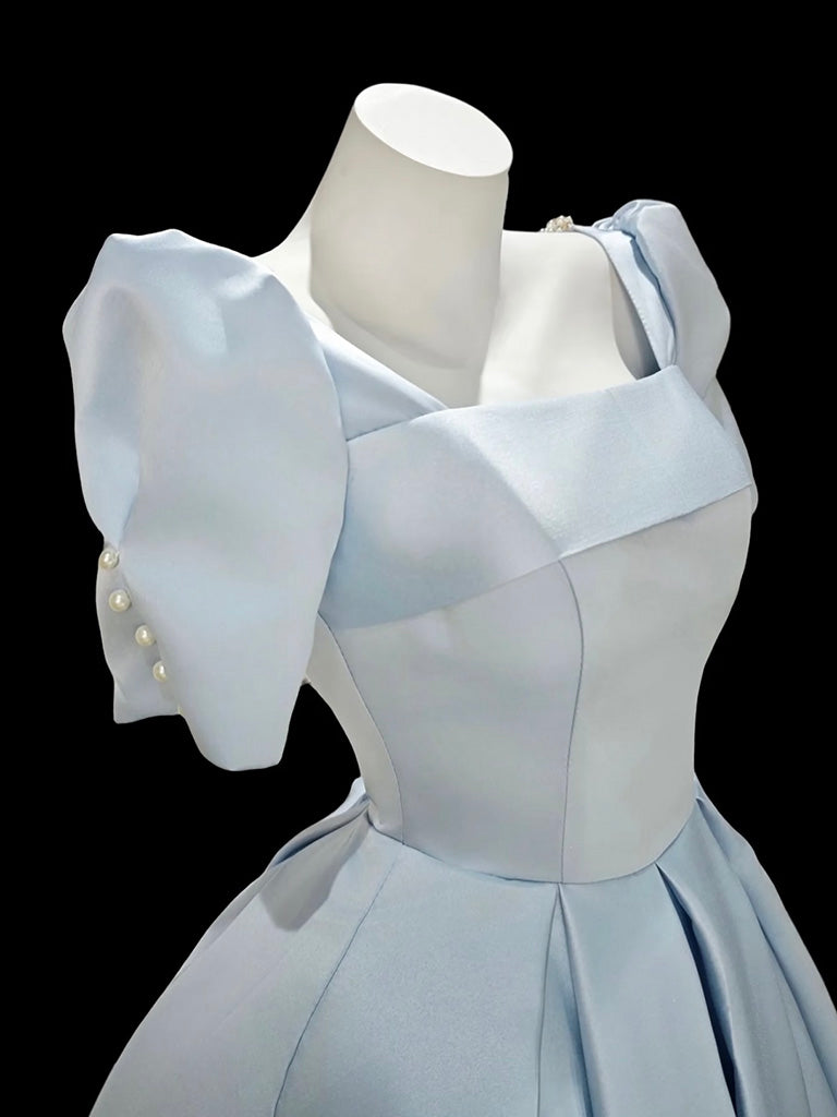 A-Line Short Sleeves Satin Blue Short Prom Dress With Beads