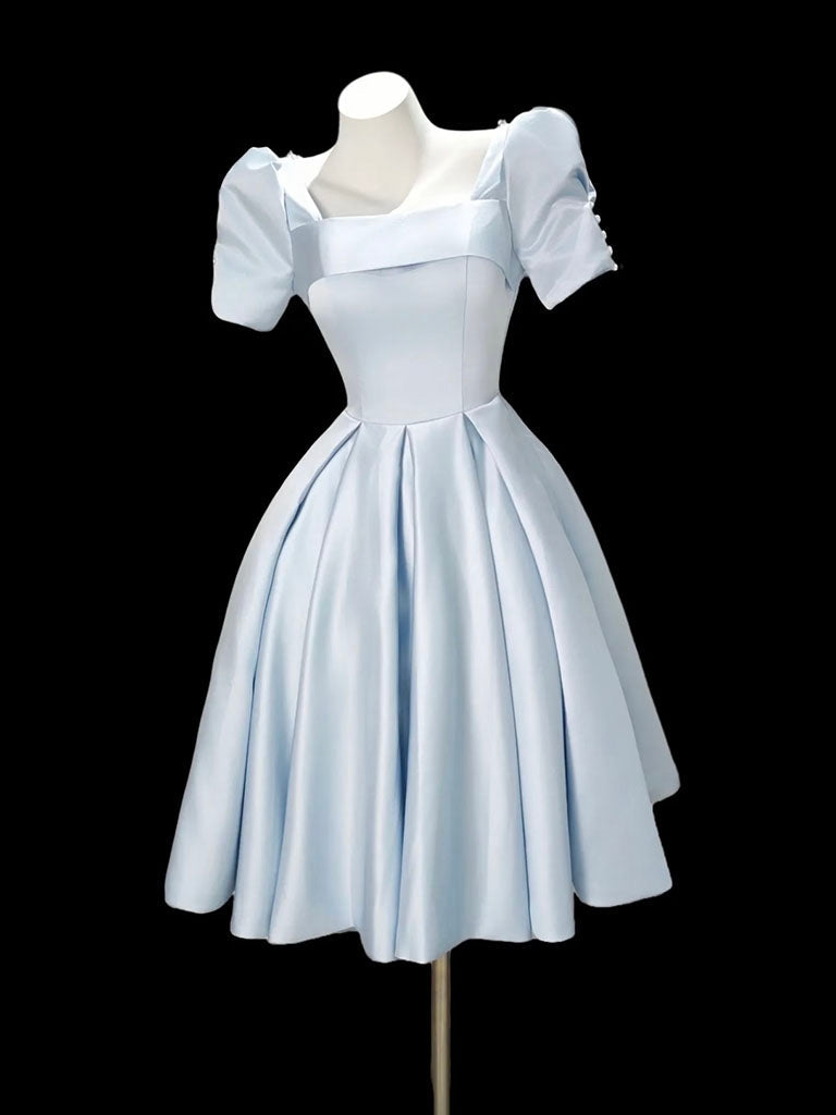 A-Line Short Sleeves Satin Blue Short Prom Dress With Beads Main image