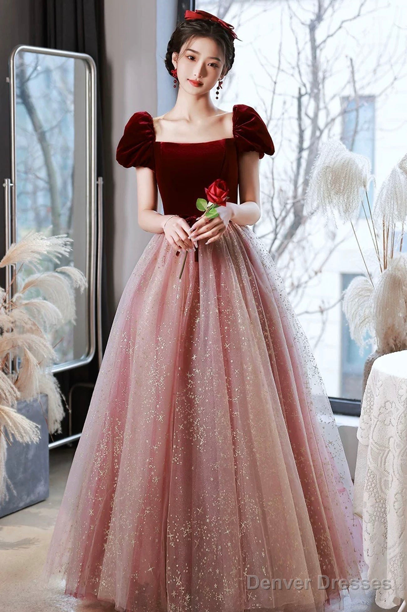 A-Line Short Tulle Floor Length Prom Dress, Lovely Pink Graduation Dress Main image