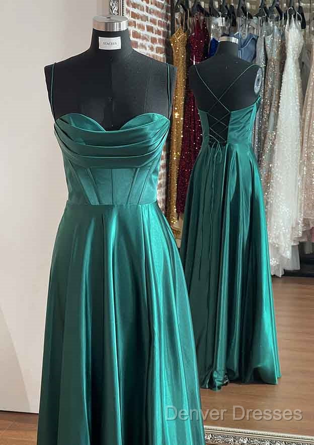 A-Line Silk Like Emerald Green Satin Prom Dress Ruched Pleated Secondary image
