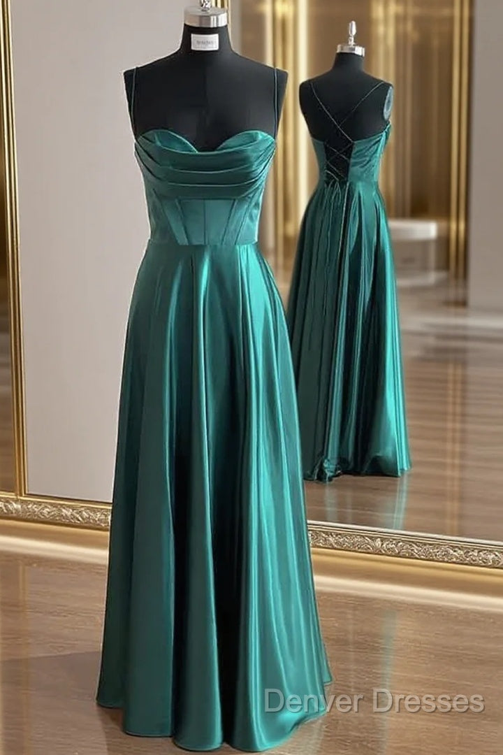 A-Line Silk Like Emerald Green Satin Prom Dress Ruched Pleated