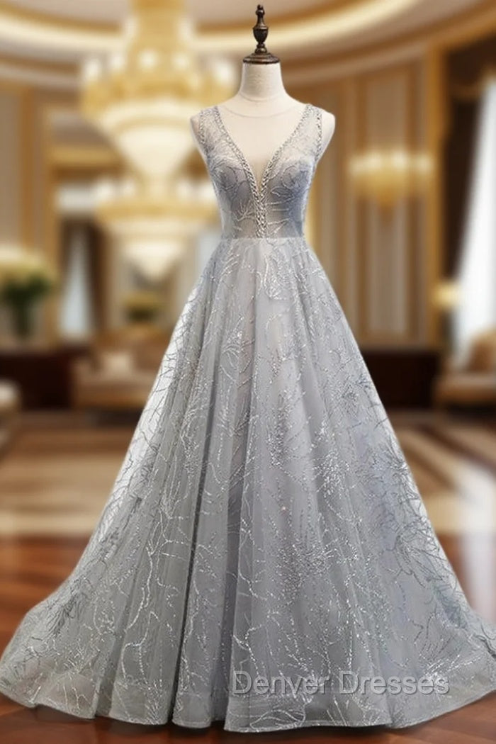 A-Line Silver Gray Tulle Sequins See Through V-neck Backless Prom Dress Main image
