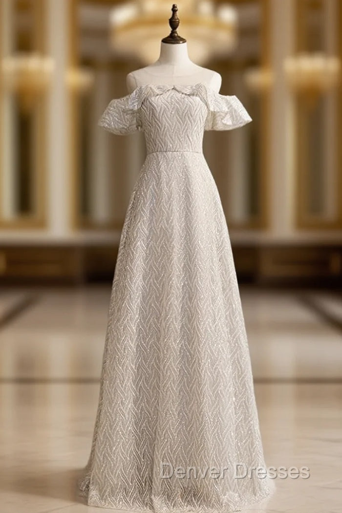 A-Line Silver Sequins Bateau Neck Long Prom Dress