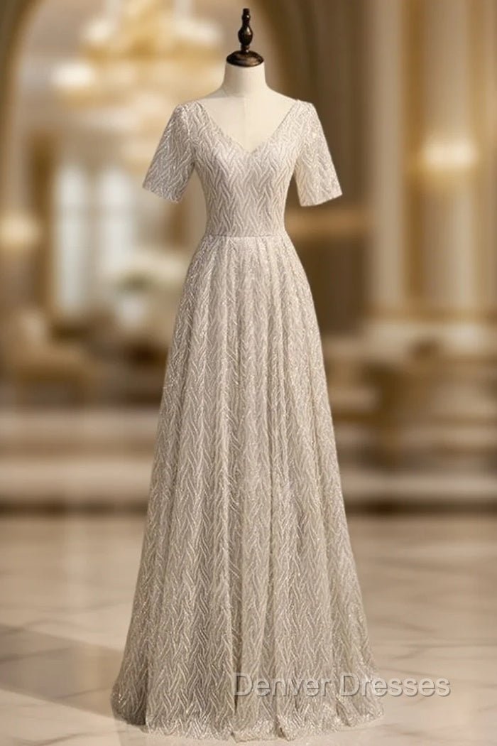 A-Line Silver Sequins V-neck Short Sleeve Prom Dress