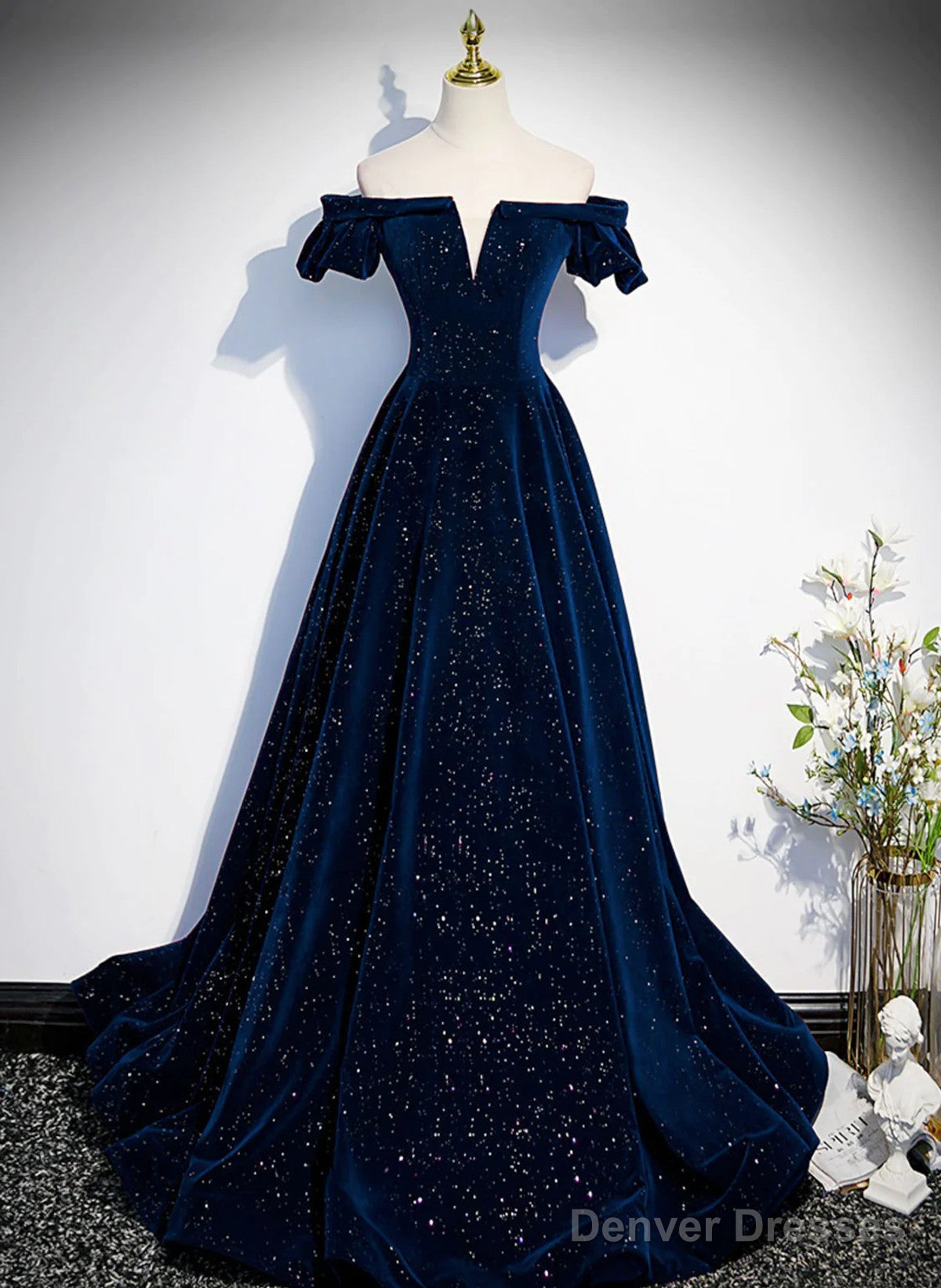 A-Line Simple Navy Blue Velvet Off Shoulder Prom Dress, Navy Blue Evening Dress Main image