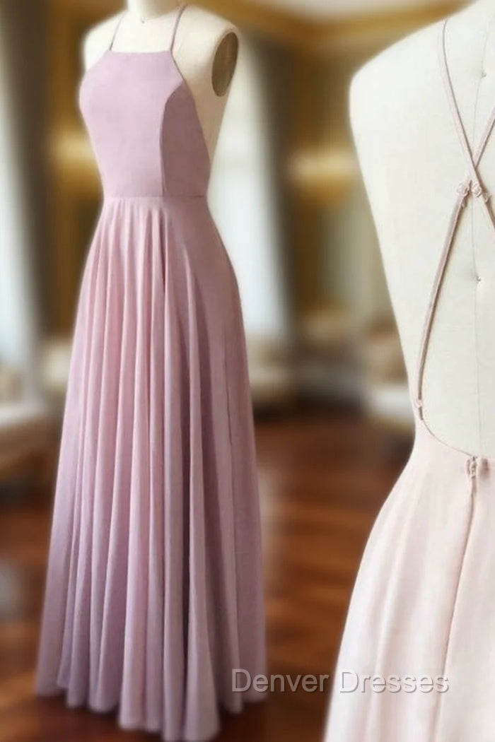 A-Line Simple Pink Chiffon Halter Crosed Straps Prom Dress Main image