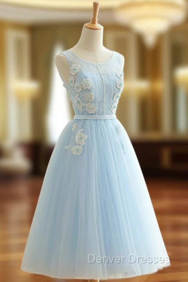 A-Line Sky Blue Tulle Backless Appliques Homecoming Dress With Pearls Main image