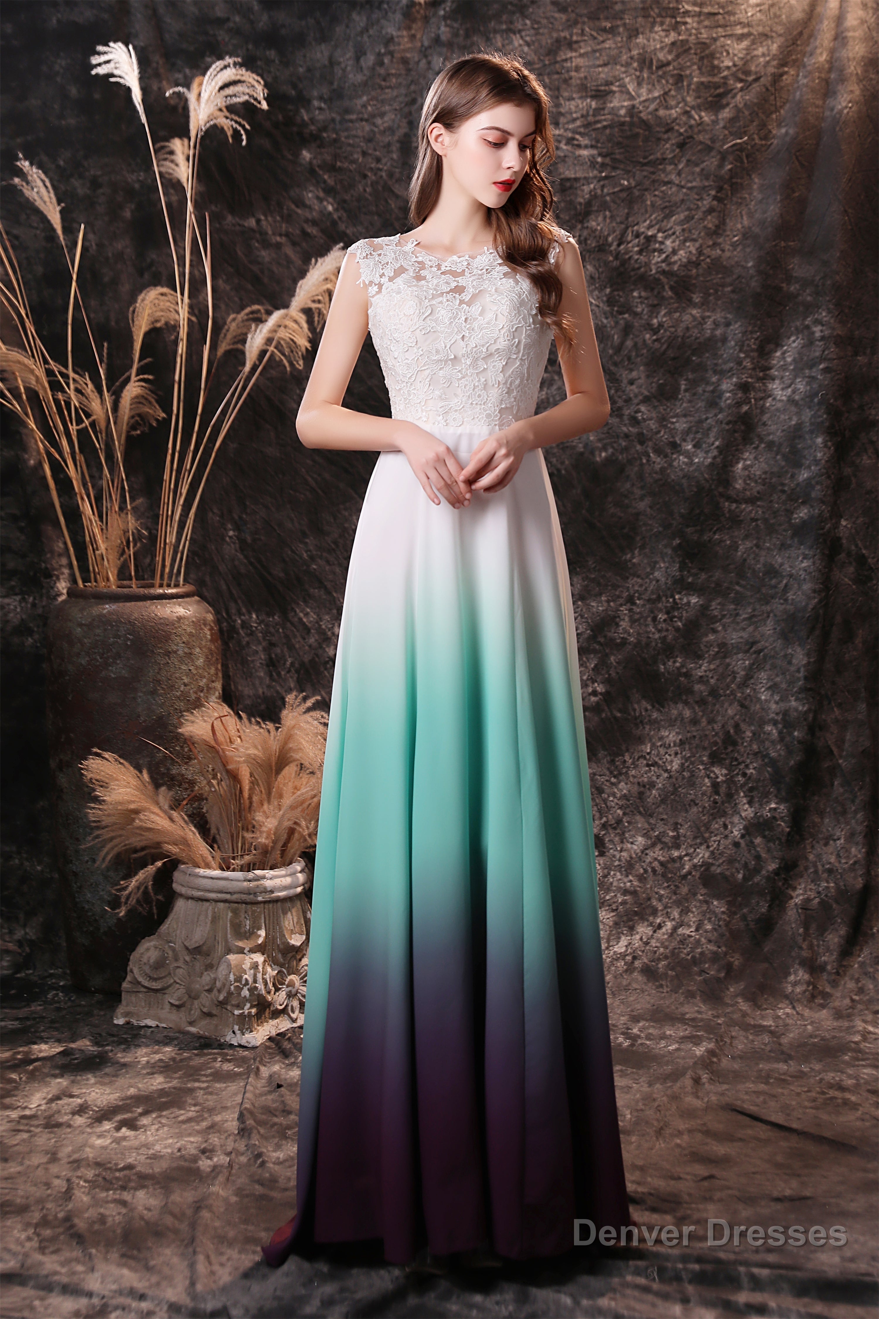 A Line Sleeveless Appliques Ombre Silk Like Satin Floor Length Prom Dresses Secondary image