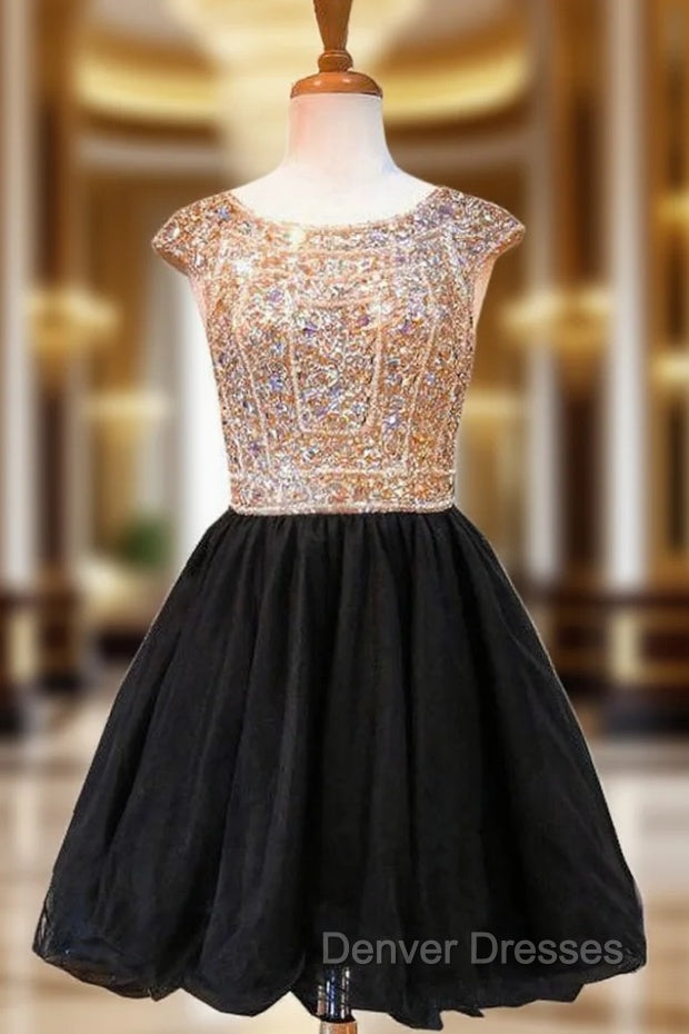 A-line Sleeveless Beaded Crystals Backless Black Homecoming Dress Main image