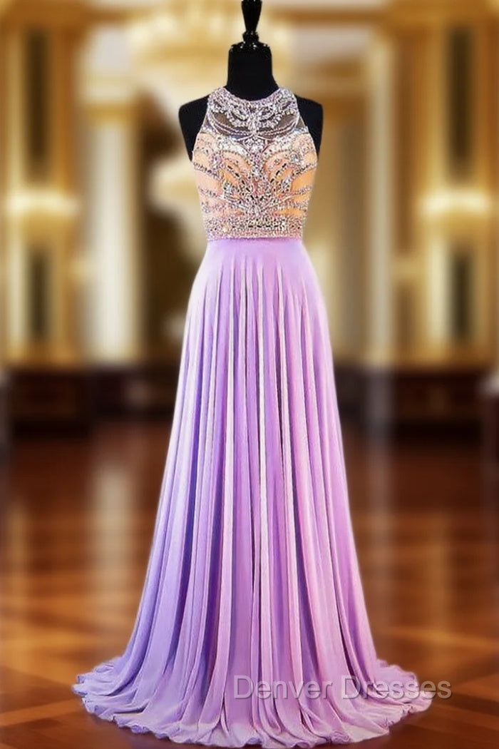 A-line Sleeveless Beaded Crystals Backless Lilac Chiffon Prom Dress