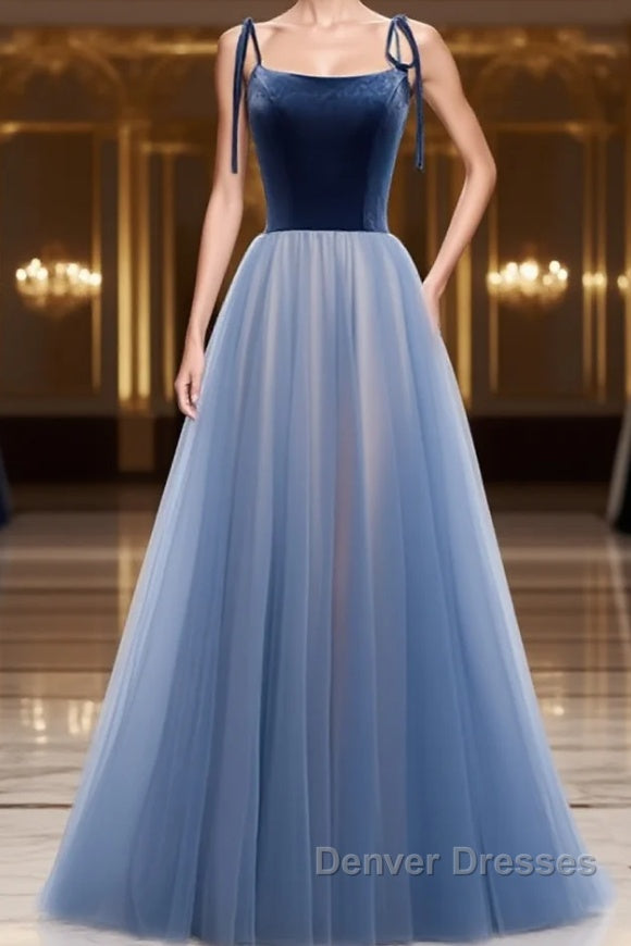 A Line Sleeveless Floor Length Blue Prom Dress, Blue Long Formal Bridesmaid Evening Dress Main image