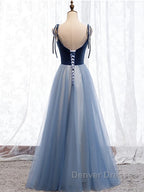 A Line Sleeveless Floor Length Blue Prom Dress, Blue Long Formal Bridesmaid Evening Dress