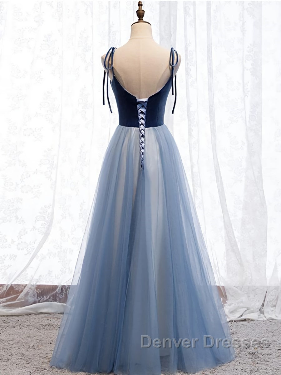 A Line Sleeveless Floor Length Blue Prom Dress, Blue Long Formal Bridesmaid Evening Dress