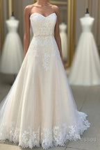 A Line Sleeveless Floor Length Sweetheart Lace Wedding Gowns