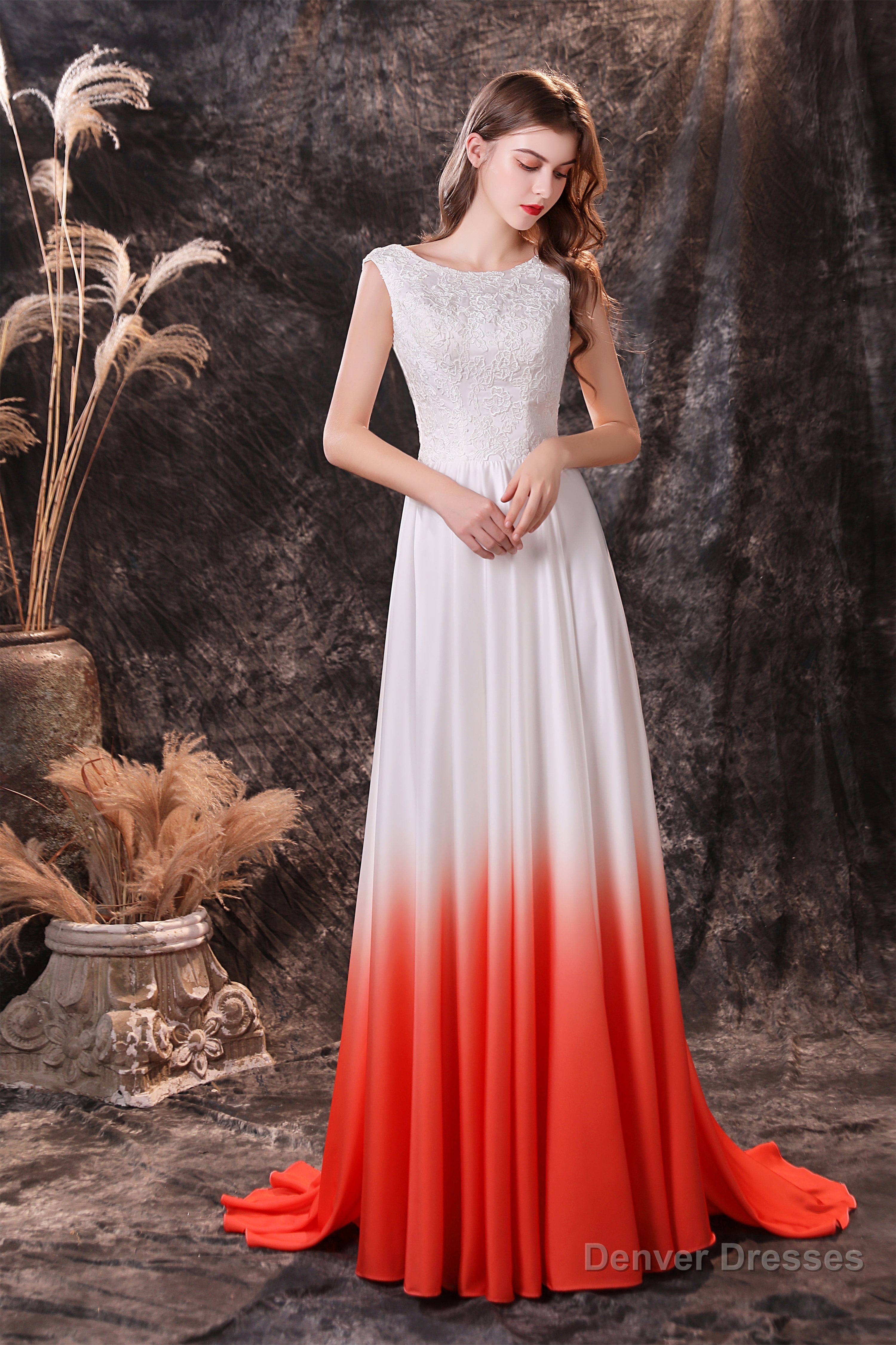 A Line Sleeveless Ombre Silk Like Satin Sweep Train Prom Dresses Main image