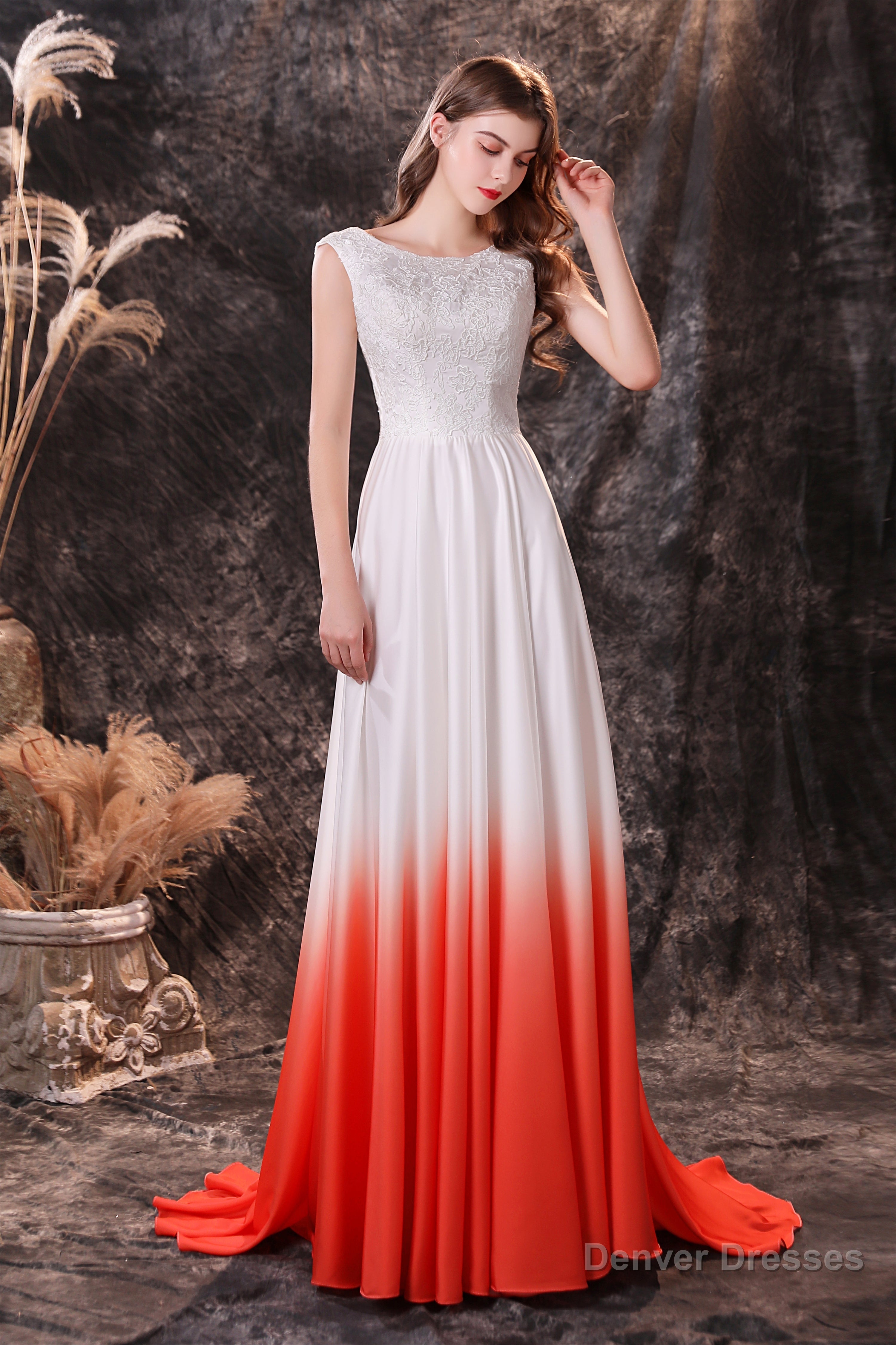 A Line Sleeveless Ombre Silk Like Satin Sweep Train Prom Dresses Secondary image