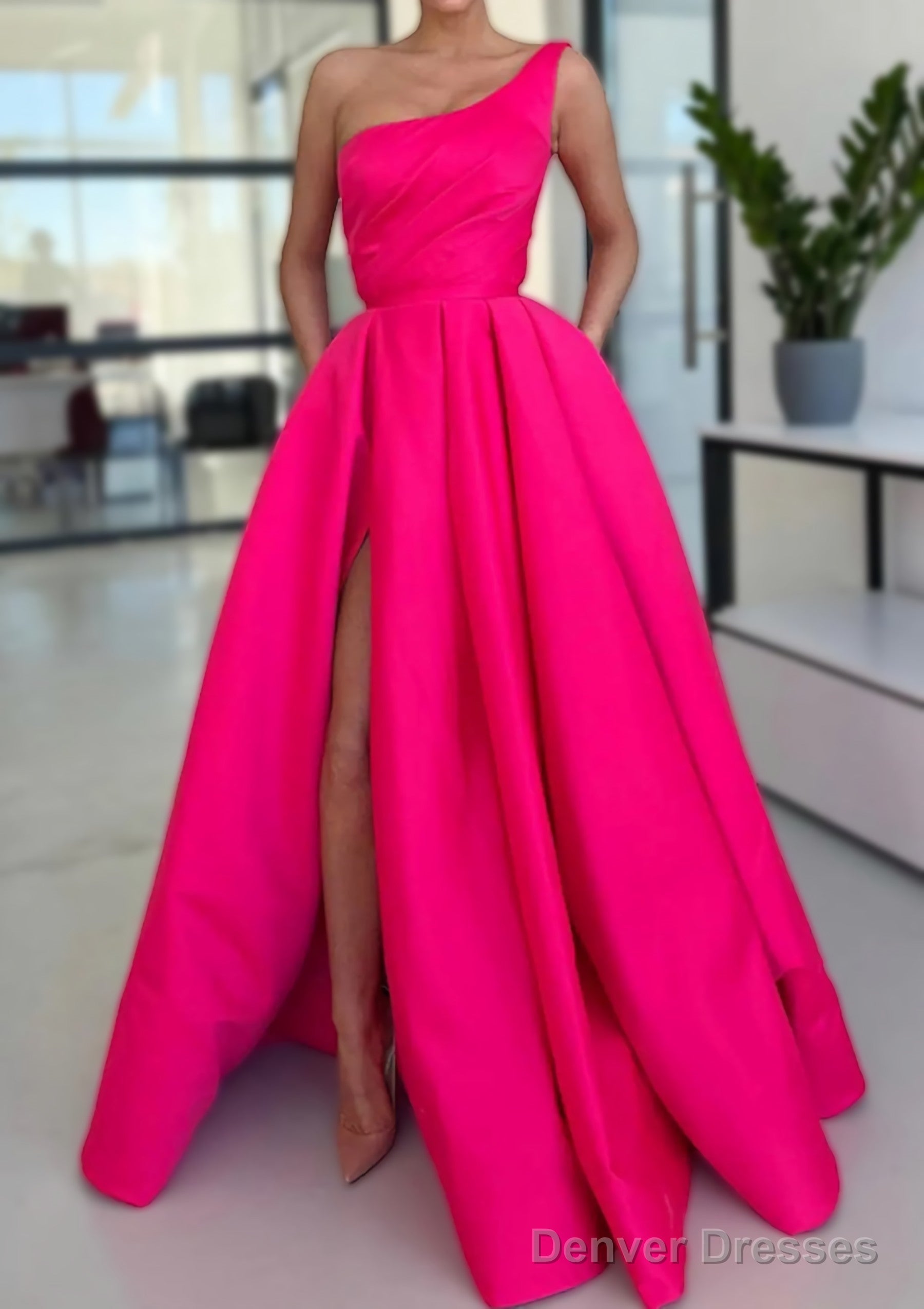 A-line Sleeveless One-Shoulder Long/Floor-Length Satin Prom Dresses With Split Ruffles Pockets Main image