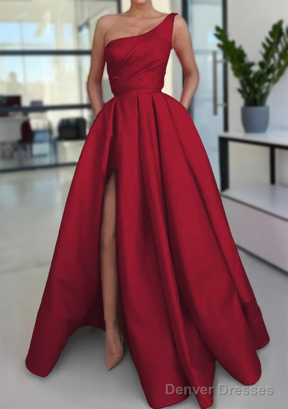 A-line Sleeveless One-Shoulder Long/Floor-Length Satin Prom Dresses With Split Ruffles Pockets