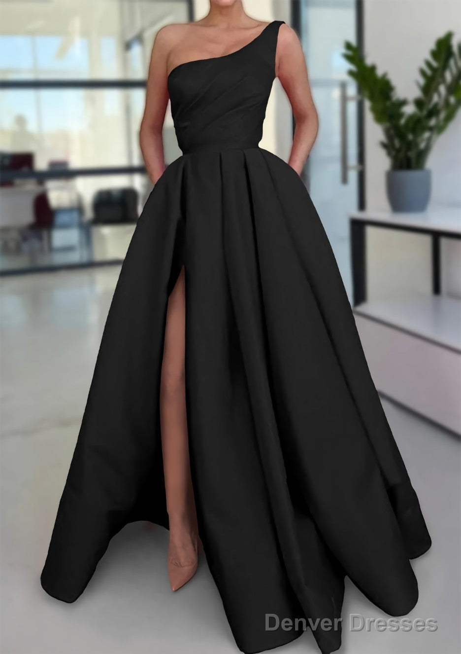 A-line Sleeveless One-Shoulder Long/Floor-Length Satin Prom Dresses With Split Ruffles Pockets