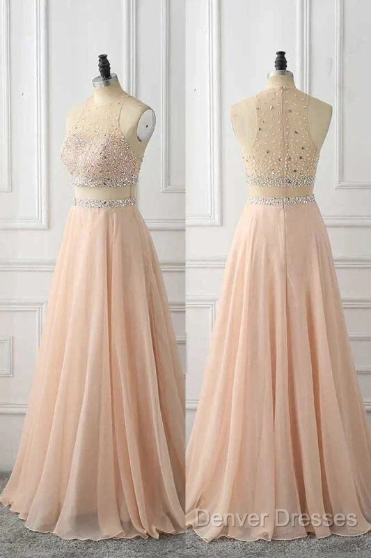A Line Sleeveless Rhinestone Chiffon Long Prom Dress Floor Length Sparkly