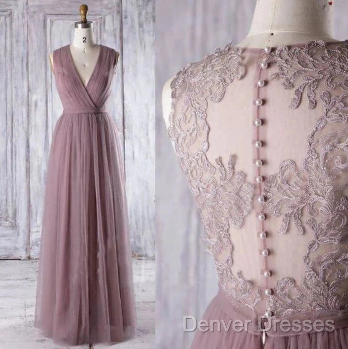 A-Line Sleeveless Tulle Sheath V Neck Tulle Lace Bridesmaid Dress Secondary image