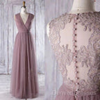 A-Line Sleeveless Tulle Sheath V Neck Tulle Lace Bridesmaid Dress