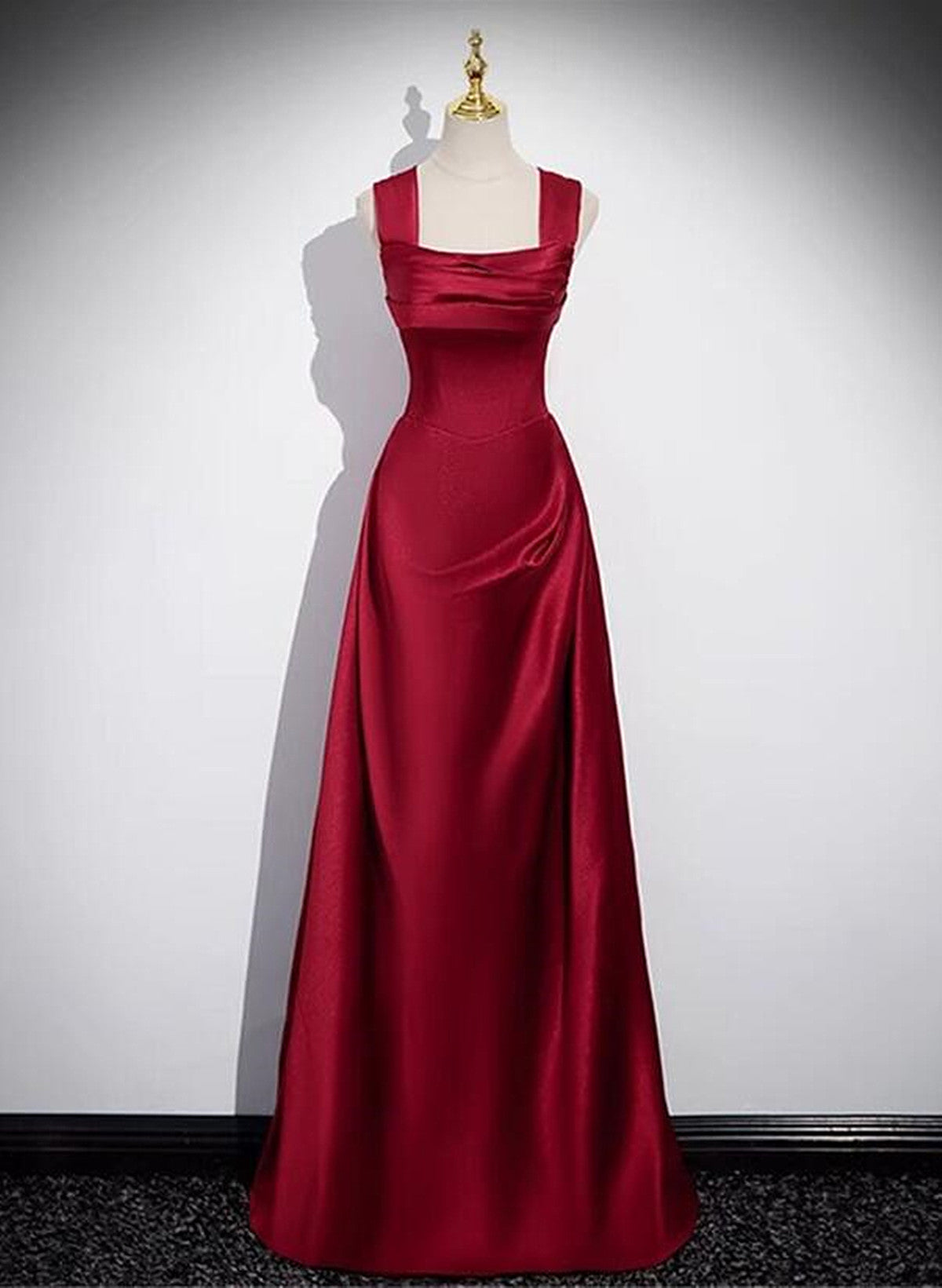 A-Line Sleeveless Wine Red Satin Evening Dress, Wine Red Long Prom Dress Main image