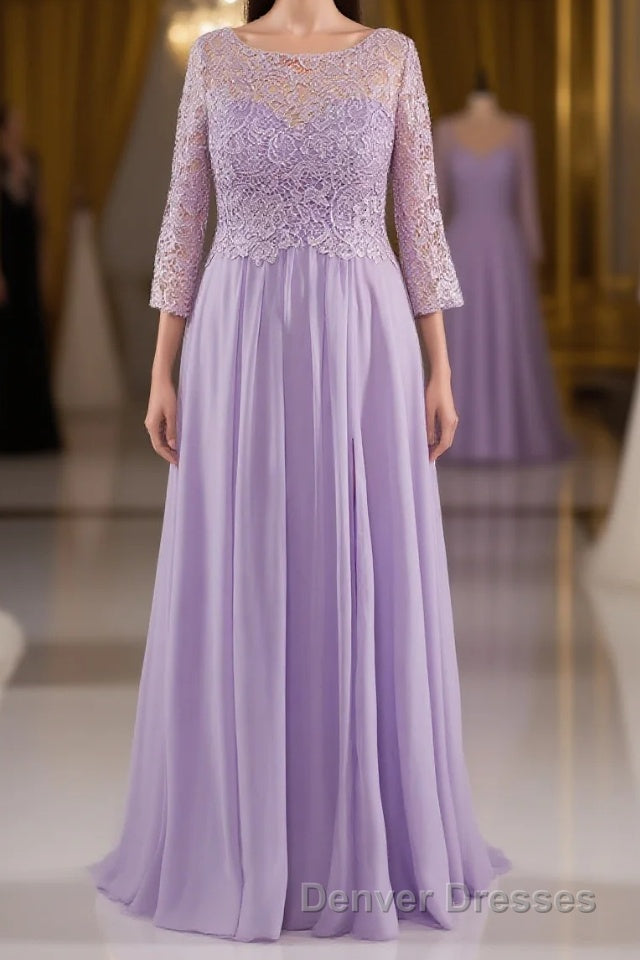 Lilac A-Line 3/4 Sleeves Scoop Lace Prom Dress