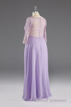 Lilac A-Line 3/4 Sleeves Scoop Lace Prom Dress
