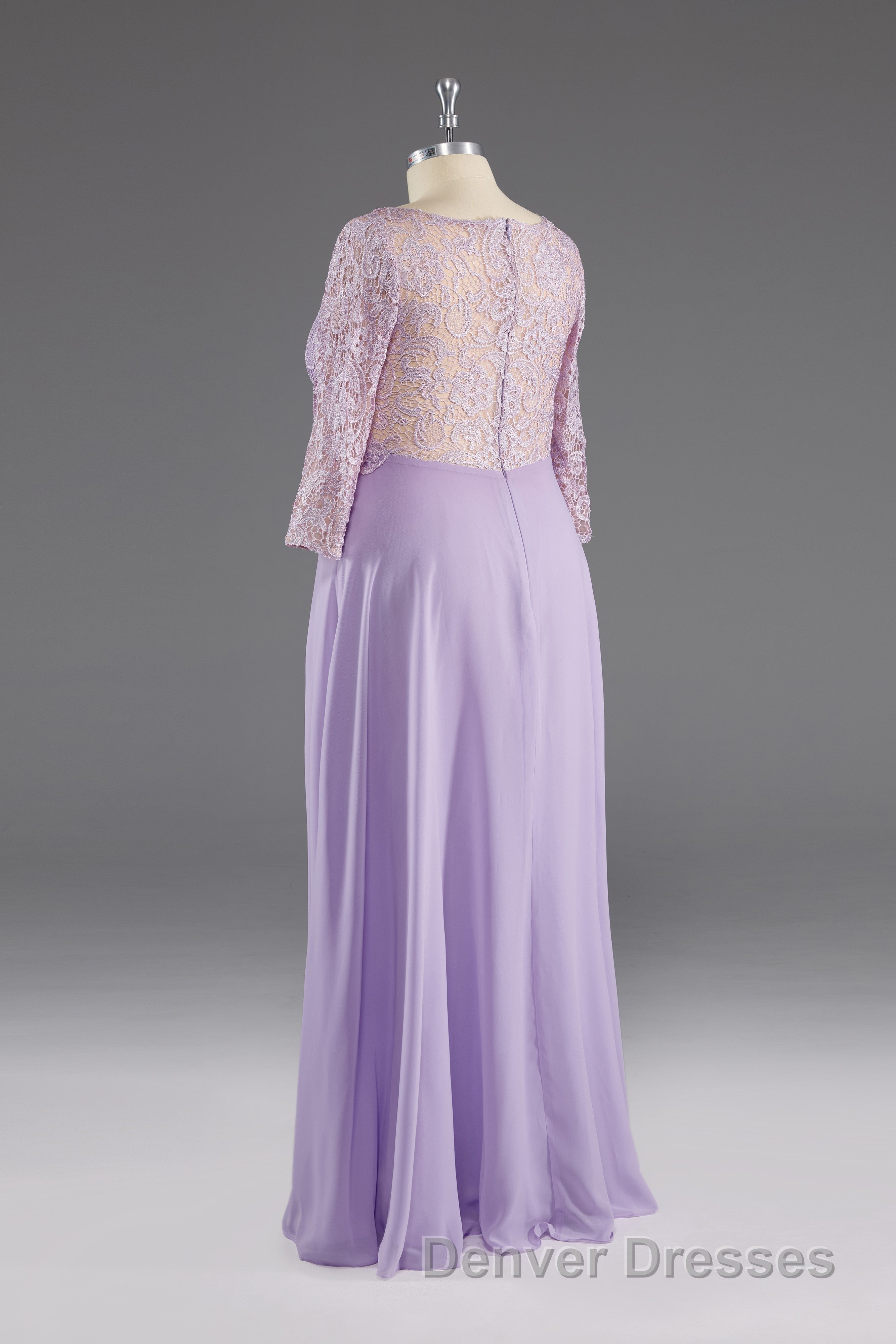 Lilac A-Line 3/4 Sleeves Scoop Lace Prom Dress