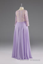 Lilac A-Line 3/4 Sleeves Scoop Lace Prom Dress