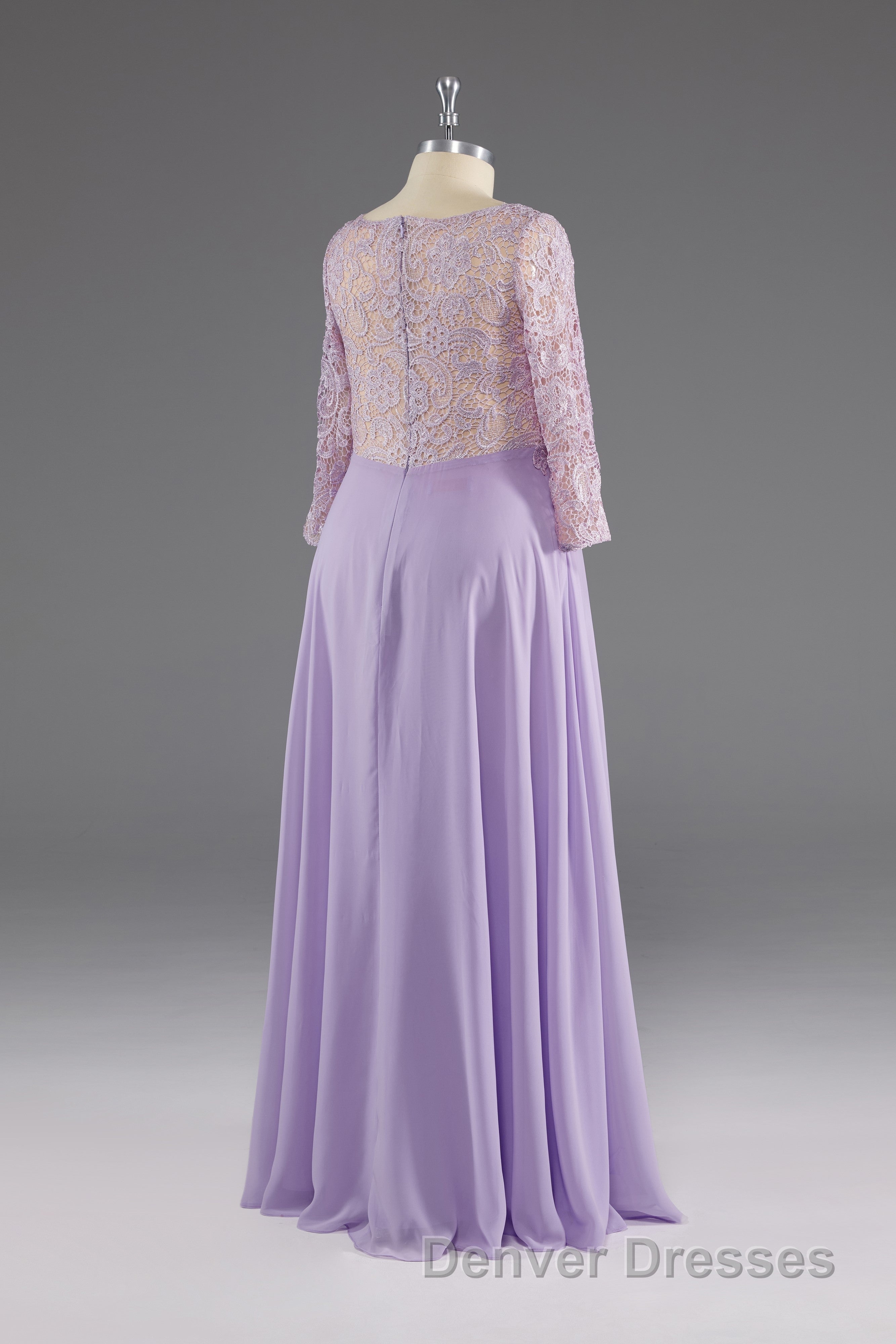 Lilac A-Line 3/4 Sleeves Scoop Lace Prom Dress