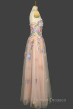 A Line Spaghetti Corset Prom Dress With 3D Flowers Evening Dress