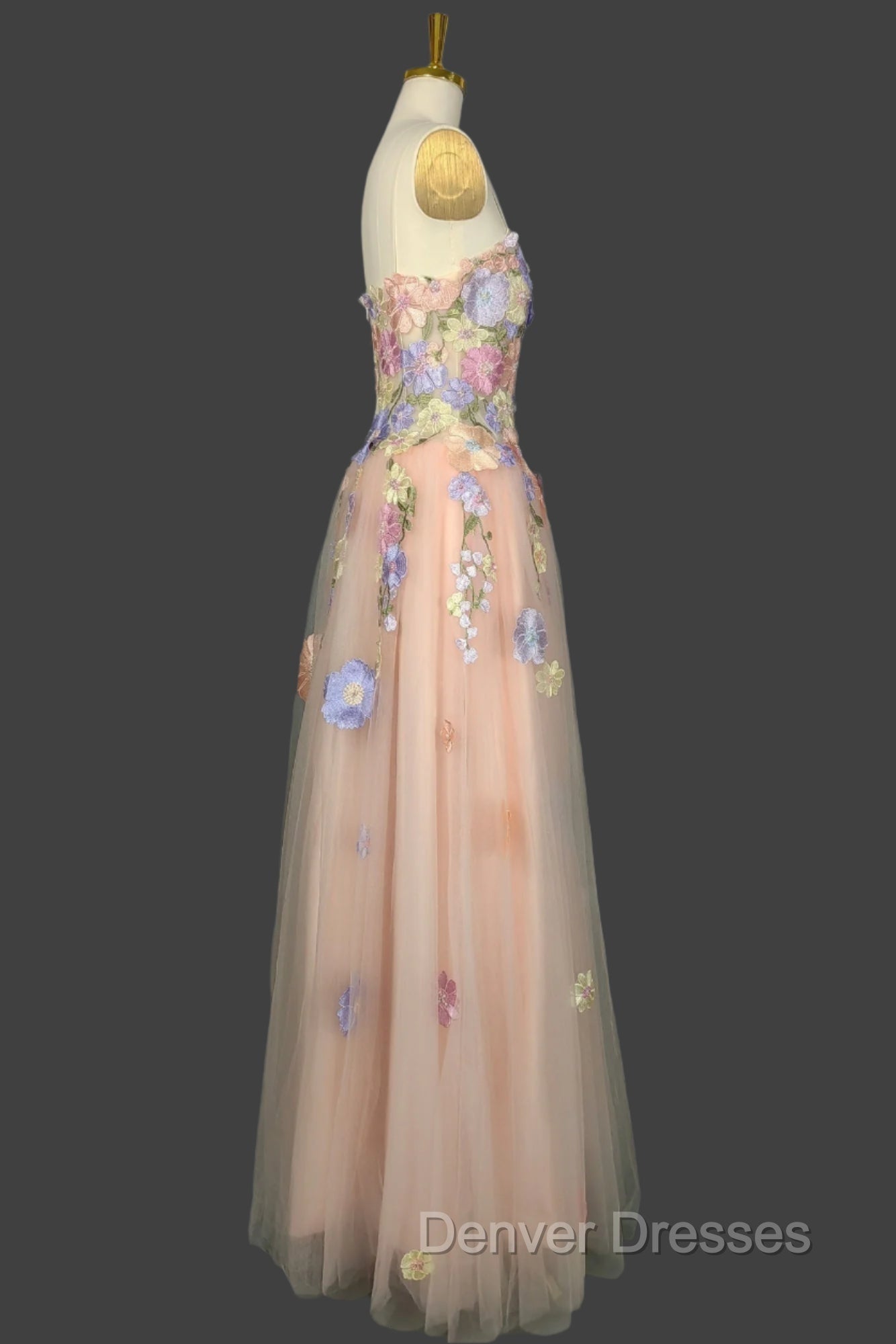 A Line Spaghetti Corset Prom Dress With 3D Flowers Evening Dress