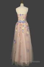 A Line Spaghetti Corset Prom Dress With 3D Flowers Evening Dress