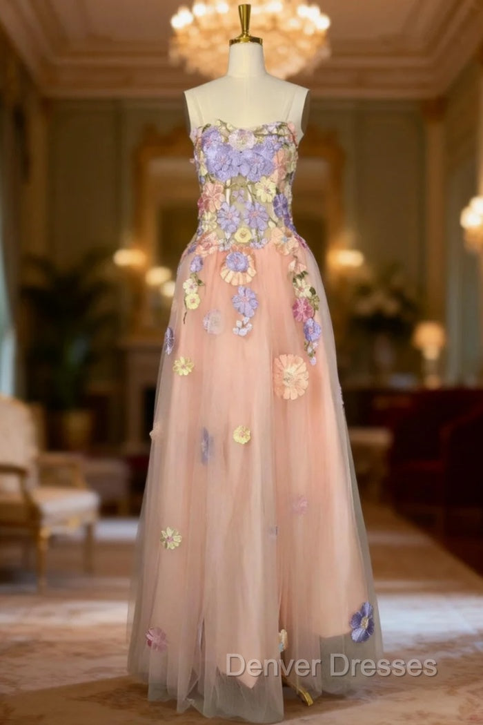 A Line Spaghetti Corset Prom Dress With 3D Flowers Evening Dress