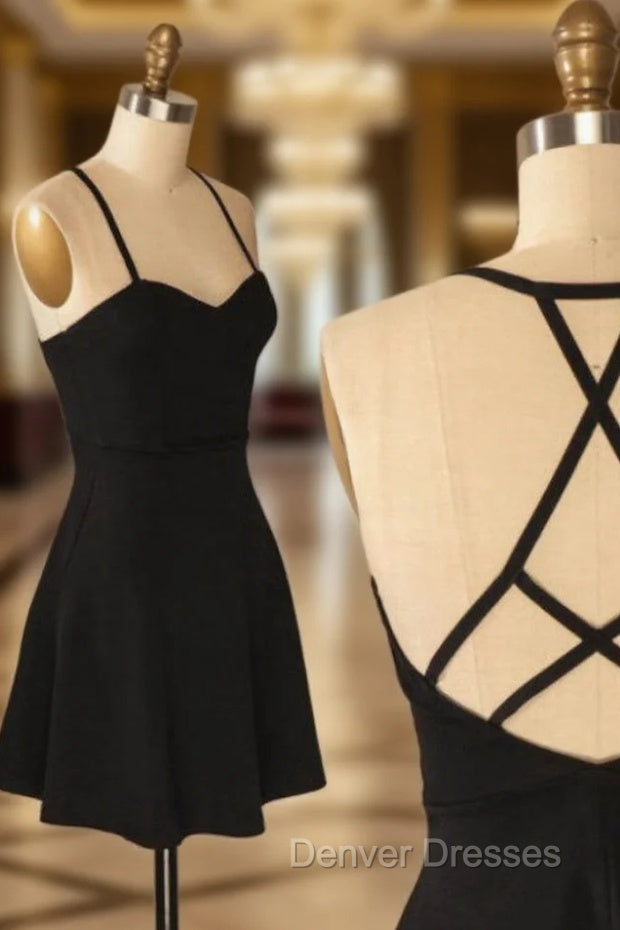 A-Line Spaghetti Criss-Cross Straps Satin Black Homecoming Dress With Pleats