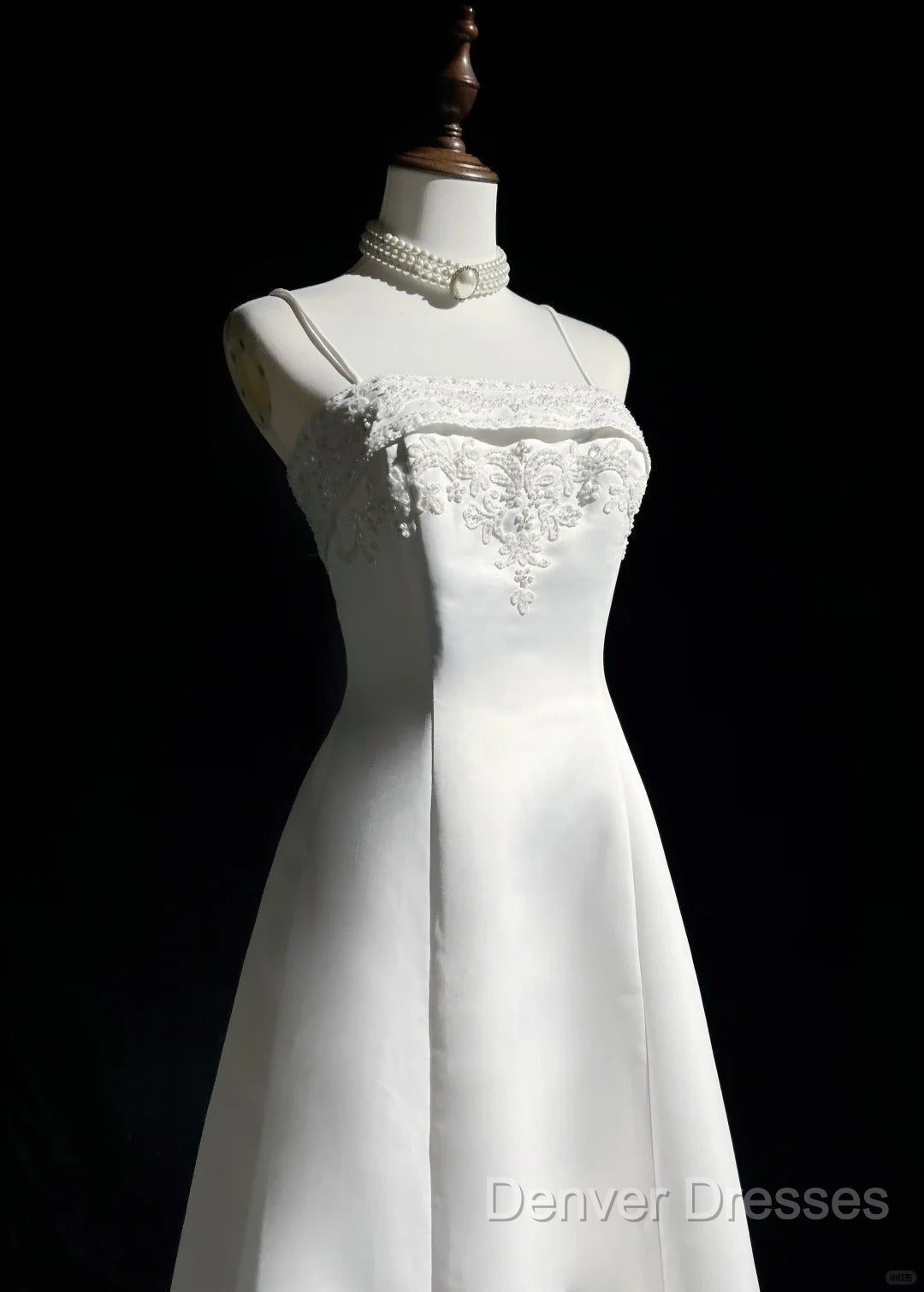 A-Line Spaghetti Strap Beaded Satin Long Prom Dress White Wedding Dress Graduation Prom Dress