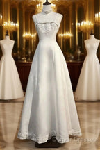 A-Line Spaghetti Strap Beaded Satin Long Prom Dress White Wedding Dress Graduation Prom Dress