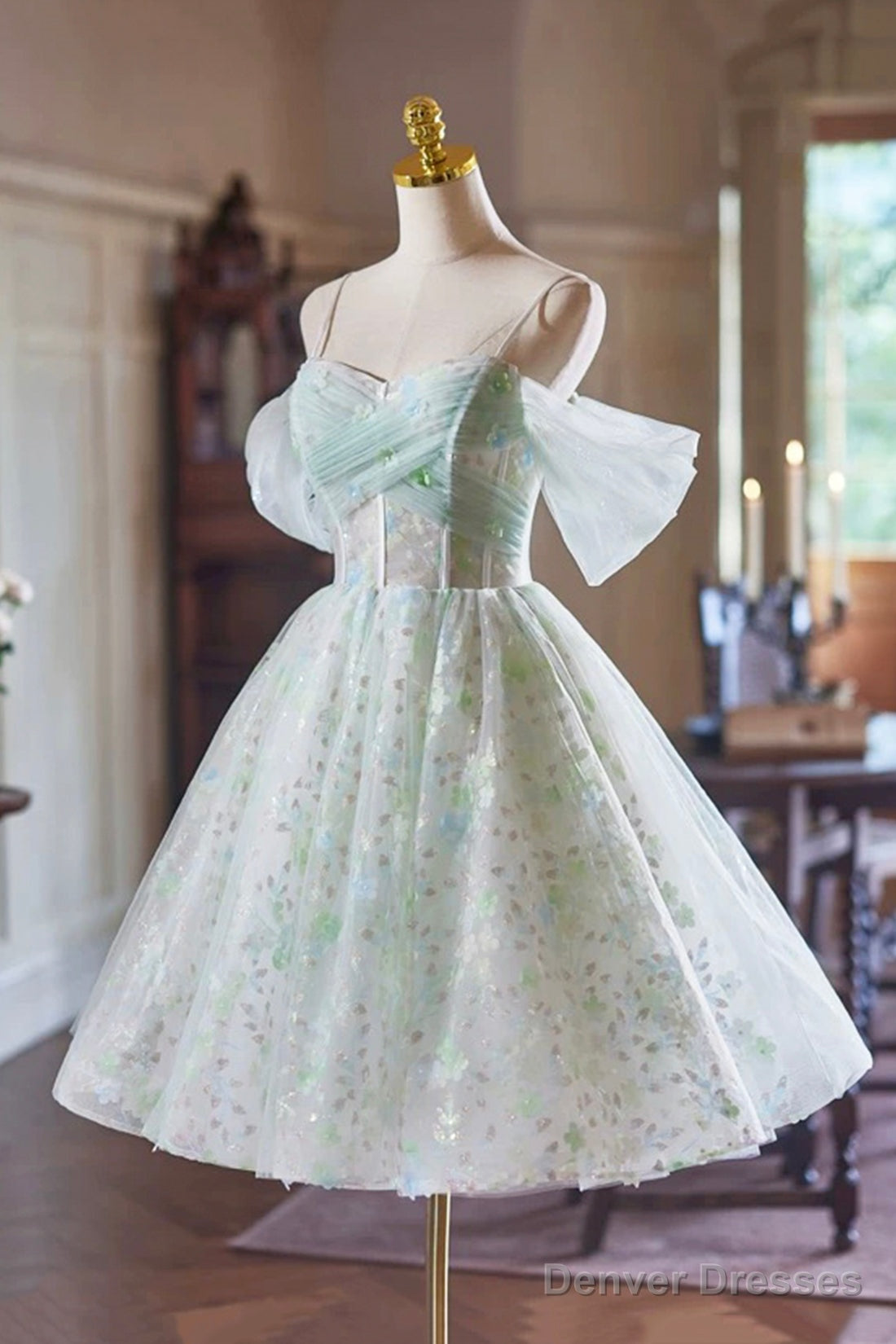 A-Line Spaghetti Strap Knee Length Prom Dress, Green Floral Tulle Party Dress With Corset Secondary image