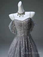 A-Line Spaghetti Strap Mesh Sequin Long Prom Dress Graduation Prom Adult Ceremony Dress