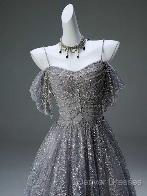 A-Line Spaghetti Strap Mesh Sequin Long Prom Dress Graduation Prom Adult Ceremony Dress