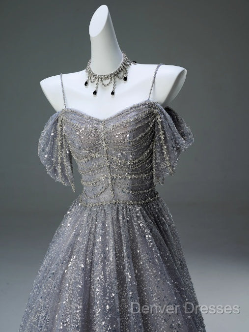 A-Line Spaghetti Strap Mesh Sequin Long Prom Dress Graduation Prom Adult Ceremony Dress
