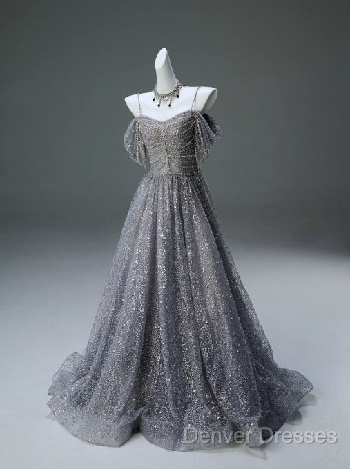 A-Line Spaghetti Strap Mesh Sequin Long Prom Dress Graduation Prom Adult Ceremony Dress