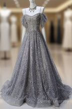 A-Line Spaghetti Strap Mesh Sequin Long Prom Dress Graduation Prom Adult Ceremony Dress