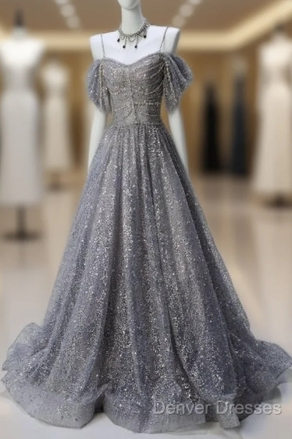 A-Line Spaghetti Strap Mesh Sequin Long Prom Dress Graduation Prom Adult Ceremony Dress