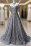 A-Line Spaghetti Strap Mesh Sequin Long Prom Dress Graduation Prom Adult Ceremony Dress