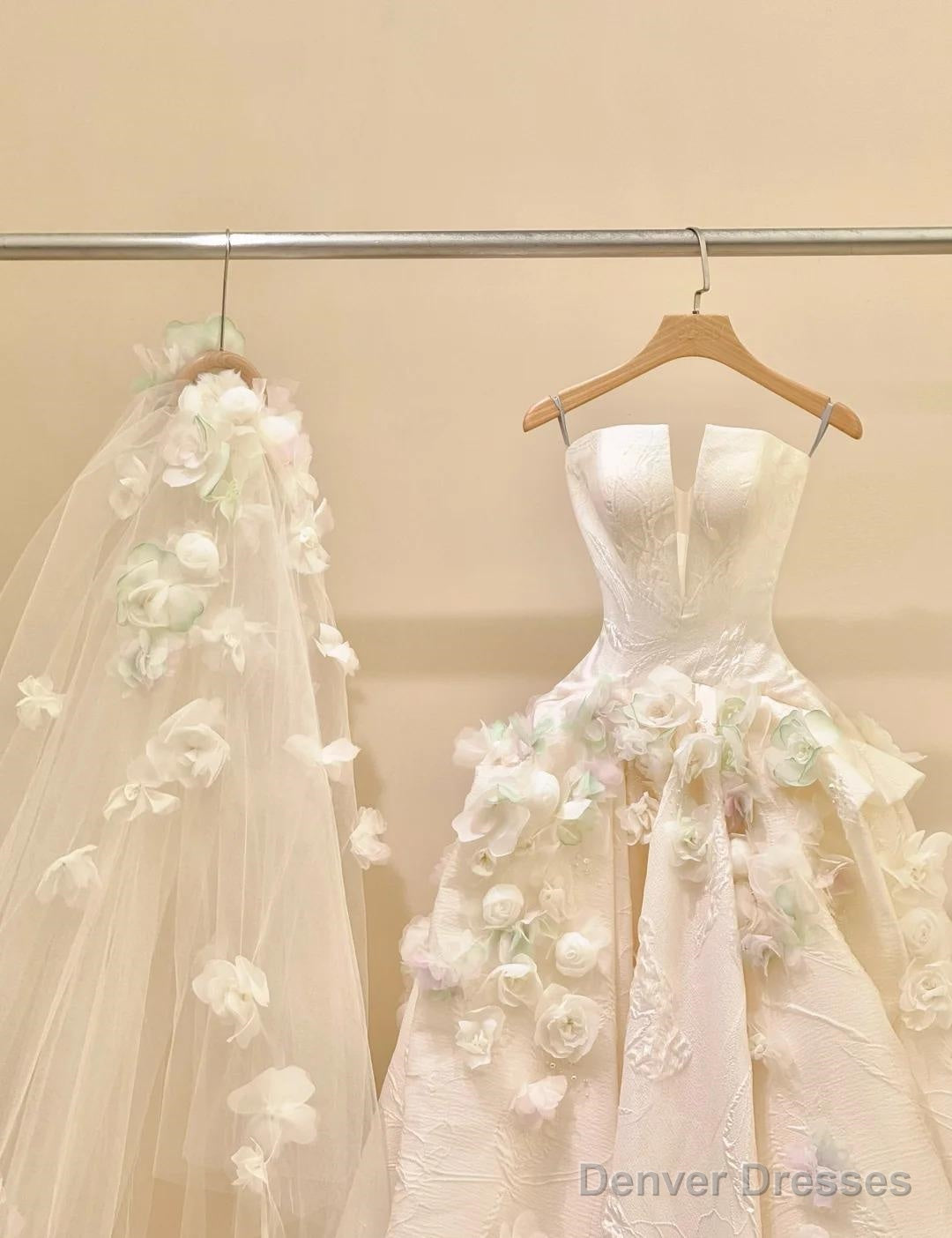 A-Line Spaghetti Strap Satin Long Prom Dress, Beautiful Applique Wedding Dress Secondary image