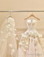 A-Line Spaghetti Strap Satin Long Prom Dress, Beautiful Applique Wedding Dress