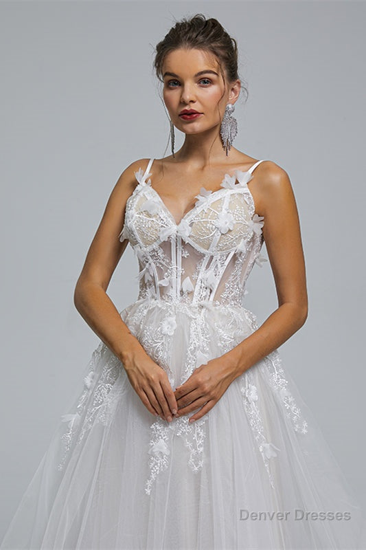 A-Line Spaghetti Strap Sweetheart Tulle Applique Floor-Length Sleeveless Wedding Dresses